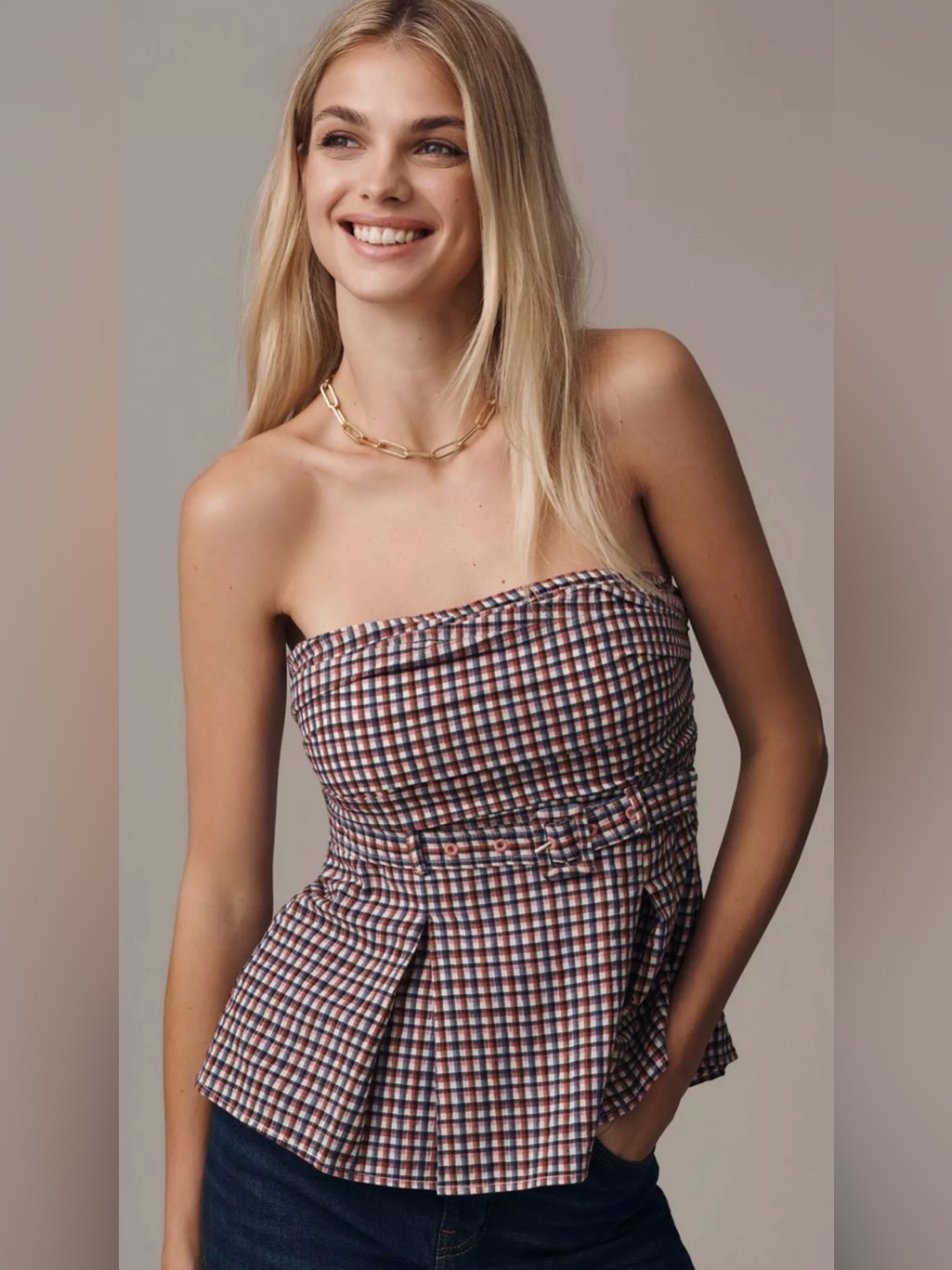 Maeve Strapless Plaid Peplum Top In Navy, Red & White - 2x